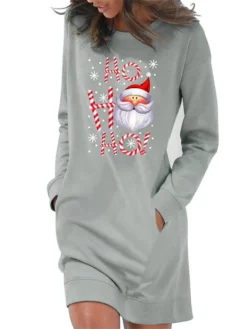 Women‘s Christmas Hoodie Dress Winter Dress Light Blue Grey White Long Sleeve Letter Santa Claus Snowflake Pocket Print Winter Fall Crew Neck Stylish Casual Fall Dress Loose Fit 2022 S M L XL 2XL -HANs Plus Size Style Shop jaeokr1666088267781