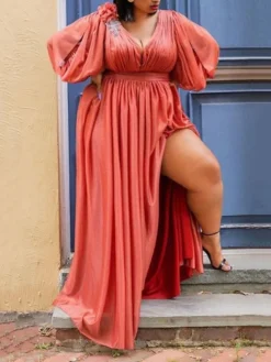 Women‘s Plus Size Curve Party Dress Solid Color V Neck Ruched 3/4 Length Sleeve Spring Fall Elegant Formal Prom Dress Maxi Long Dress Party Back To School Dress Homecoming Dress -HANs Plus Size Style Shop jafdyj1644831904368