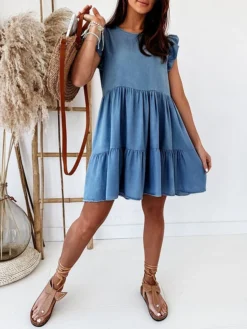 Women's Denim Dress Swing Dress Mini Dress Denim Fashion Casual Outdoor Daily Crew Neck Ruched Smocked Short Sleeve Summer Spring Fall 2023 Loose Fit Blue Plain S M L XL -HANs Plus Size Style Shop jakpaz1677234930530