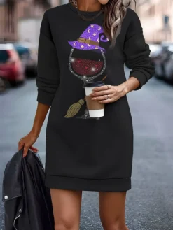 Women's Halloween Dress Casual Dress Sweatshirt Dress Mini Dress Warm Daily Outdoor Holiday Crew Neck Print Animal Pumpkin Print Loose Fit Black Yellow Red S M L XL XXL