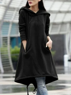 Women's Casual Dress Hoodie Dress Winter Dress Midi Dress Pocket Outdoor Street Daily Fashion Streetwear Hooded Long Sleeve 2023 Loose Fit Black Army Green Gray Color S M L XL XXL Size -HANs Plus Size Style Shop jbikdh1694510146489