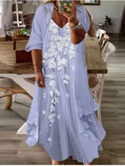 Women‘s Plus Size Curve Casual Dress Floral V Neck Print 3/4 Length Sleeve Fall Spring Vintage Casual Maxi Long Dress Daily Vacation Dress -HANs Plus Size Style Shop jcaniy1649760916165