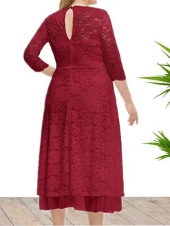 Women's Plus Size Curve Party Dress Lace Dress Sheath Dress Solid Color Midi Dress 3/4 Length Sleeve Ruched Patchwork Crew Neck Fashion Wedding White Red Spring Fall XL XXL 3XL 4XL 5XL -HANs Plus Size Style Shop jcanxo1693533326419