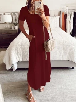 Women's Casual Dress Shift Dress Summer Dress Long Dress Maxi Dress Pocket Split Daily Date Going Out Fashion Basic Crew Neck Short Sleeve 2023 Regular Fit Black White Pink Color S M L XL XXL Size -HANs Plus Size Style Shop jcegdz1686547017540