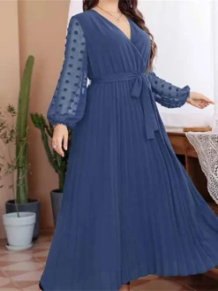 Women's Plus Size Curve Prom Dress Party Dress Wedding Guest Dress Long Dress Maxi Dress Blue Green Long Sleeve Pure Color Lace Up Fall Winter Autumn V Neck Fashion Evening Party Wedding Guest -HANs Plus Size Style Shop jcknbs1693205378319