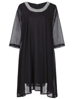 Women‘s Plus Size Curve Work Dress Chiffon Dress Swing Dress Fashion Midi Dress Layered Fake Two Piece Crew Neck 3/4 Length Sleeve Plain Regular Fit Black Red Navy Blue Summer Spring -HANs Plus Size Style Shop jcozcl1691042503429