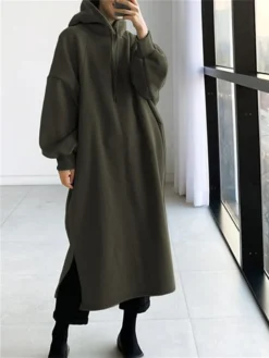 Women's Casual Dress Hoodie Dress Long Dress Maxi Dress Active Daily Outdoor Holiday Vacation Hoodie Solid Color Loose Fit ArmyGreen Black Green S M L XL XXL -HANs Plus Size Style Shop jcwoxr1695027792693