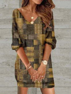 Women's Casual Dress Ethnic Dress Shift Dress Mini Dress Black Wine Red 3/4 Length Sleeve Floral Print Spring Fall Winter V Neck Fashion Loose Fit 2023 S M L XL XXL 3XL 4XL 5XL -HANs Plus Size Style Shop jdjgoz1671420160892