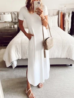 Women's Casual Dress Shift Dress Summer Dress Long Dress Maxi Dress Pocket Split Daily Date Going Out Fashion Basic Crew Neck Short Sleeve 2023 Regular Fit Black White Pink Color S M L XL XXL Size