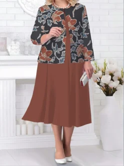 Women's Plus Size Curve Two Piece Dress Set Casual Dress Swing Dress Outdoor Office Fashion Streetwear Print Midi Dress Crew Neck Long Sleeve Floral Purple Brown Green Fall Winter L XL XXL 3XL -HANs Plus Size Style Shop jdnjnx1693214107247