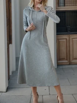 Women's Casual Dress Hoodie Dress Midi Dress Fashion Daily Outdoor Vacation Going Out Hoodie Zipper Solid Color Regular Fit Black Gray S M L XL
