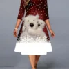 Women‘s Christmas Plus Size Work Dress Animal Crew Neck Print 3/4 Length Sleeve Fall Spring Elegant Midi Dress Work Going Out Dress