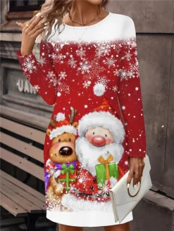 Women's Christmas Dress Casual Dress Mini Dress Active Fashion Outdoor Christmas Holiday Crew Neck Print Christmas Tree Snowflake Deer Loose Fit White Wine Red S M L XL XXL -HANs Plus Size Style Shop jeuftz1697108653504
