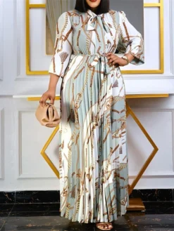 Women‘s Plus Size Curve Work Dress Print Crew Neck Print Long Sleeve Fall Spring Fashion Elegant Maxi Long Dress Formal Work Dress