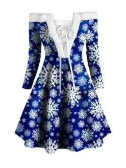 Women's Christmas Swing Dress Vintage Dress Mini Dress Green Blue Royal Blue Red White Black Long Sleeve Santa Claus Snowman Snowflake Feather Print Winter Fall Off Shoulder Stylish Elegant -HANs Plus Size Style Shop jfbnfu1666597370348