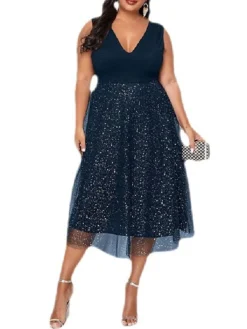 Women‘s Plus Size Curve Party Dress Solid Color V Neck Mesh Sleeveless Spring Fall Elegant Sexy Sequins Prom Dress Midi Dress Formal Party Dress Sequin Dress Homecoming Dress Print -HANs Plus Size Style Shop jfjzih1648866250794