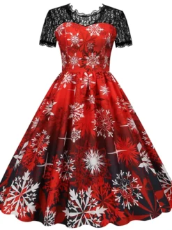 Women's Christmas Casual Dress Swing Dress Midi Dress Green Wine Light Red Fuchsia Red Black Short Sleeve Santa Claus Snowman Snowflake Lace Print Winter Fall Crew Neck Vacation Vintage 2022 S M L XL -HANs Plus Size Style Shop jfwgcu1666761919045