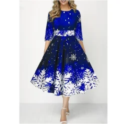 Women's Christmas Skater Dress Print DressMidi Dress Green Purple Dark Red Dark Blue Black 3/4 Length Sleeve Print Snowflake Patchwork Print Fall Winter Crew Neck Fashion Party 2022 S M L XL 2XL 3XL -HANs Plus Size Style Shop jfxbre1667293698271
