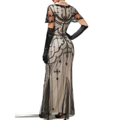 Women's Retro 1920s Sequin Dress Long Dress Maxi Dress Party Halloween Sequins Mesh Floral V Neck Short Sleeve Regular Fit Spring Fall 2023 Black Red XS S M L -HANs Plus Size Style Shop jgdnlp1692857599391