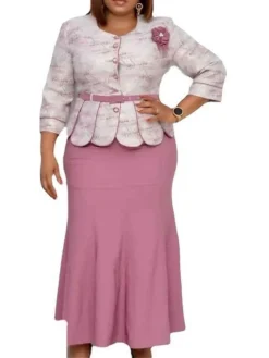 Women‘s Plus Size Curve Work Dress Tie Dye Crew Neck 3/4 Length Sleeve Spring Fall Fashion Elegant Mature Maxi Long Dress Office Work Dress