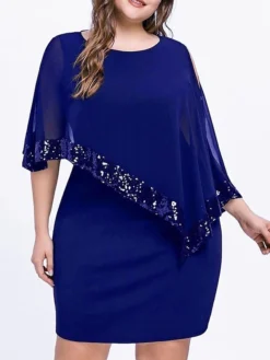 Women‘s Plus Size Curve Sequin Dress Work Dress Sheath Dress Solid Color Mini Dress Long Sleeve Crew Neck Fashion Evening Party Black Yellow Summer Spring L XL XXL 3XL 4XL -HANs Plus Size Style Shop jgkddu1677036575470