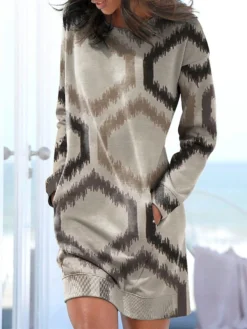 Women's Casual Dress Sweatshirt Dress Winter Dress Geometric Color Block Pocket Print Crew Neck Mini Dress Fashion Streetwear Outdoor Daily Long Sleeve Loose Fit Gray Fall Winter S M L XL XXL