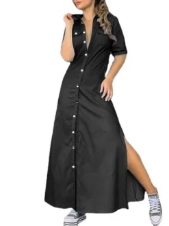Women's Denim Dress Shirt Dress Shift Dress Maxi Long Dress Outdoor Vacation Denim Elegant Classic Shirt Collar Button Split Half Sleeve Summer Spring 2023 Regular Fit Black Navy Blue Light Blue Pure -HANs Plus Size Style Shop jgqgsl1654746626855