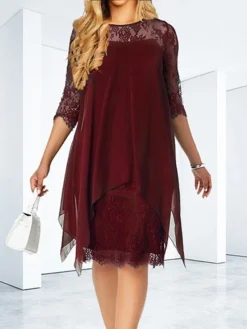 Women's Casual Dress Lace Dress Shift Dress Mini Dress Black Wine Blue 3/4 Length Sleeve Pure Color Lace Summer Spring Crew Neck Fashion 2023 S M L XL XXL 3XL 4XL 5XL -HANs Plus Size Style Shop jhaqio1671086744756