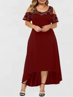 Women‘s Plus Size Curve Party Dress Lace Dress A Line Dress Solid Color Long Dress Maxi Dress Short Sleeve Lace Crew Neck Modern Party Black Red Spring Summer XL XXL 3XL 4XL 5XL -HANs Plus Size Style Shop jhuhse1672986118570