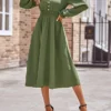 Women's Casual Dress Plain Dress Empire Waist Dresses Midi Dress Pleated Button Street Daily Holiday Fashion Streetwear V Neck Long Sleeve 2023 Loose Fit Black Blue Army Green Color S M L XL Size