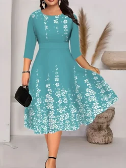 Women‘s Plus Size Curve Work Dress Swing Dress A Line Dress Fashion Midi Dress Print Crew Neck 3/4 Length Sleeve Floral Regular Fit Blue Fuchsia Green Summer Fall L XL XXL 3XL 4XL -HANs Plus Size Style Shop jidlmv1690962492621