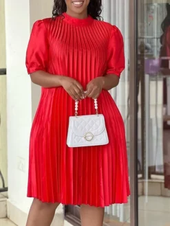 Women‘s Plus Size Curve Casual Dress Shift Dress Solid Color Midi Dress Short Sleeve Ruched Pleated Stand Collar Fashion Daily White Red Summer Spring L XL 2XL 3XL -HANs Plus Size Style Shop jidxlx1678184666321