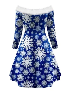 Women's Christmas Swing Dress Vintage Dress Mini Dress Green Blue Royal Blue Red White Black Long Sleeve Santa Claus Snowman Snowflake Feather Print Winter Fall Off Shoulder Stylish Elegant -HANs Plus Size Style Shop jjspss1666597370704