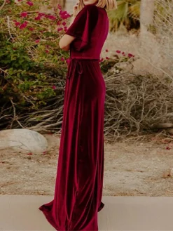 Women's Christmas Dress Casual Dress Velvet Dress Long Dress Maxi Dress Lace Up Split Outdoor Christmas Daily Fashion Elegant V Neck Short Sleeve 2023 Regular Fit Black Wine Gold Color S M L XL XXL -HANs Plus Size Style Shop jkapxp1693897062284