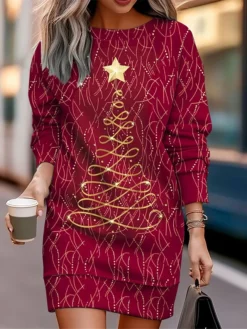Women's Christmas Casual Dress Sweatshirt Dress Mini Dress Warm Fashion Outdoor Vacation Crew Neck Print Santa Claus Christmas Tree Print Loose Fit Wine Red Burgundy S M L XL XXL -HANs Plus Size Style Shop jkodyo1695349334075