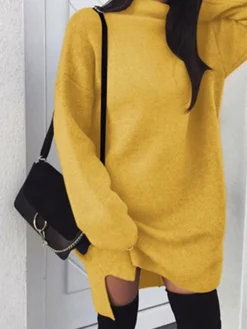 Women's Casual Dress Sweatshirt Dress Mini Dress Fashion Daily Outdoor Holiday Vacation Turtleneck Pure Color Pure Color Loose Fit Yellow Red Blue S M L XL XXL -HANs Plus Size Style Shop jktean1692684469246