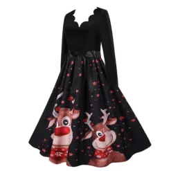 Women's Christmas Knee Length Dress Gray White Black Red Brown Long Sleeve Print Bow Print Fall Winter V Neck Casual Vintage2021 S M L XL XXL 3XL -HANs Plus Size Style Shop jkyyff1629971759830