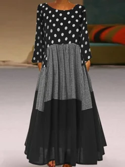 Women‘s Plus Size Curve Holiday Dress Polka Dot Crew Neck Print Long Sleeve Fall Spring Casual Maxi Long Dress Daily Weekend Dress Cotton -HANs Plus Size Style Shop jldabu1647855930675