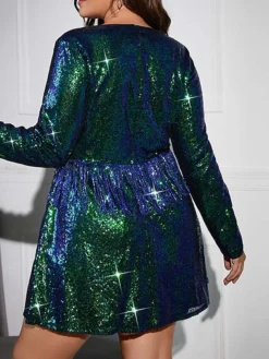 Women's Plus Size Curve Party Dress Sequin Dress Cocktail Dress Solid Color Mini Dress Long Sleeve Ruched Spaghetti Strap Fashion Party Champagne Green Fall Winter XL XXL 3XL 4XL -HANs Plus Size Style Shop jlhoaw1694489902143