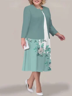 Women's Plus Size Curve Two Piece Dress Set Casual Dress Print Dress Outdoor Office Fashion Streetwear Print Midi Dress Crew Neck Long Sleeve Floral Black Light Green Blue Fall Winter L XL XXL -HANs Plus Size Style Shop jlikrm1693295635512