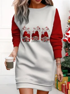 Women's Christmas Casual Dress Sweatshirt Dress Mini Dress Warm Fashion OutdoorVacation Crew Neck Print Geometric Santa Claus Loose Fit Wine Red Burgundy S M L XL XXL -HANs Plus Size Style Shop jliokt1695365428129