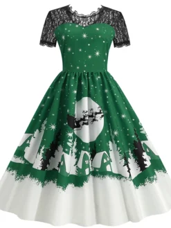 Women's Christmas Casual Dress Swing Dress Midi Dress Green Blue Purple Red Short Sleeve Elk Tree Lace Print Winter Fall Crew Neck Vacation Vintage 2022 S M L XL XXL 3XL -HANs Plus Size Style Shop jlqbug1666676889200