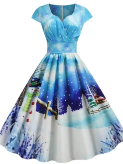 Women's Christmas Knee Length Dress Blue Dusty Blue Royal Blue Black Red Navy Blue Dark Blue Light Blue Short Sleeve Print Print Fall Winter V Neck Casual Vintage2021 S M L XL XXL 3XL -HANs Plus Size Style Shop jlxueb1629970325673