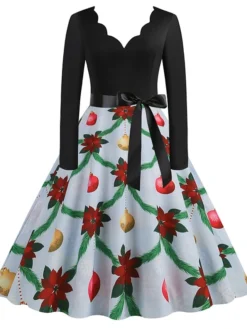 Women's Christmas Casual Dress Swing Dress Midi Dress Blue Purple Royal Blue Light Blue White Long Sleeve Santa Claus Elk Tree Bow Print Winter Fall V Neck Vacation Vintage 2022 S M L XL