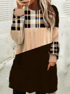 Women‘s Christmas Sweatshirt Dress Shift Dress Mini Dress Blue Pink Fuchsia Long Sleeve Plaid Pocket Winter Fall Autumn Crew Neck Loose Fit 2022 S M L XL XXL 3XL