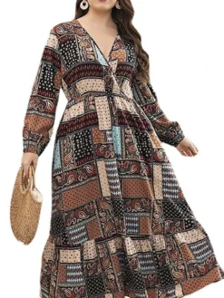 Women's Plus Size Curve Work Dress Swing Dress Semi Formal Dress Fashion Long Dress Maxi Dress Print V Neck Long Sleeve Geometric Paisley Regular Fit Khaki Fall Winter L XL XXL 3XL 4XL -HANs Plus Size Style Shop jmydhu1693280731109