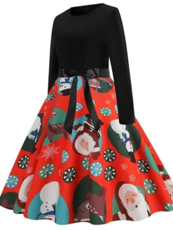 Women's Christmas Swing Dress Vintage Dress Midi Dress Green Blue Light Green Long Sleeve Santa Claus Bow Winter Fall Autumn Crew Neck Fashion Daily Date 2022 S M L XL XXL 3XL -HANs Plus Size Style Shop jnbrwd1667894617544