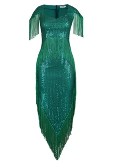 Women‘s Plus Size Curve Party Dress Solid Color V Neck Sequins Short Sleeve Spring Fall Sequins Prom Dress Maxi Long Dress Party Daily Dress Sequin Dress Tassel Fringe Split -HANs Plus Size Style Shop jnqflc1656497314954