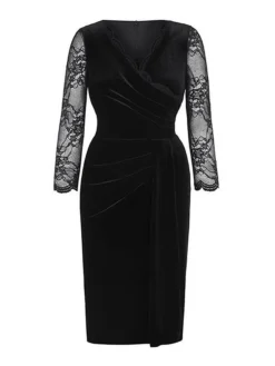 Women's Plus Size Curve Party Dress Velvet Dress Work Dress Plain Midi Dress 3/4 Length Sleeve Lace Ruched V Neck Fashion Party Black Wine Fall Winter XL XXL 3XL 4XL -HANs Plus Size Style Shop jnqtnl1696567802687