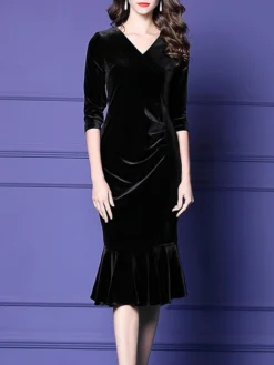 Women's Plus Size Curve Party Dress Velvet Dress Winter Dress Solid Color Midi Dress Long Sleeve Ruched V Neck Fashion Party Black Wine Fall Winter L XL XXL 3XL 4XL -HANs Plus Size Style Shop jnuppq1694576152546